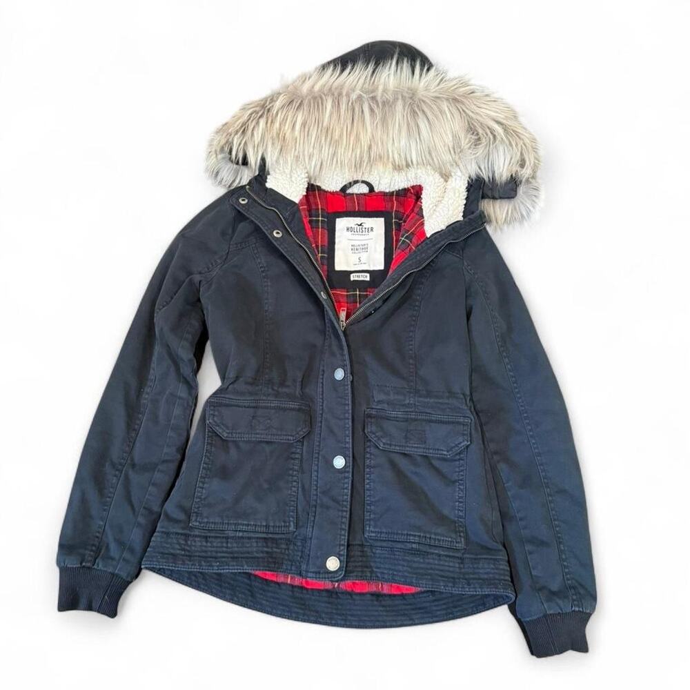 Hollister Heritage Sherpa Lined Hood Parka Jacket Size S Faux Fur Trim Y2K